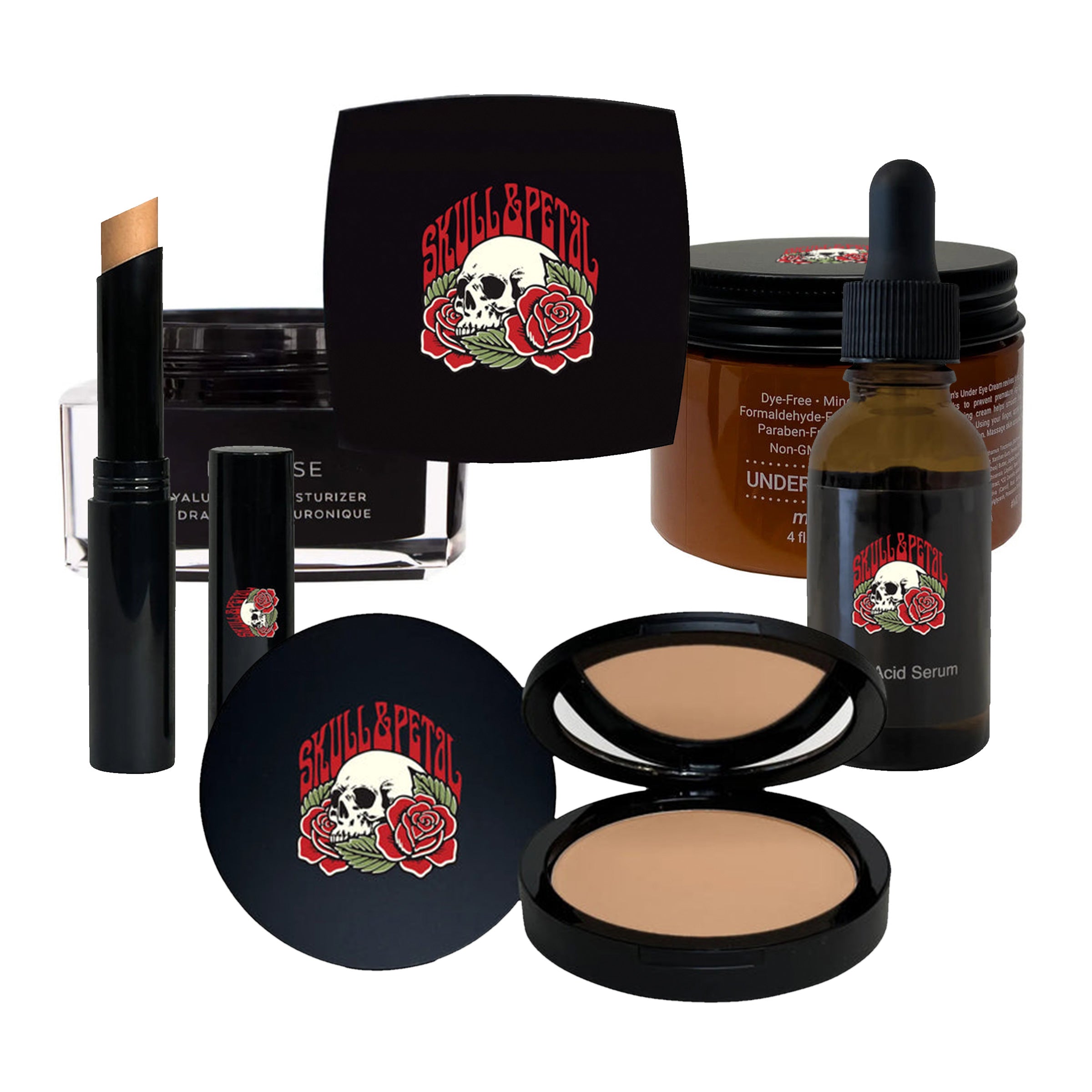 Foundation, glycolic acid, under eye cream, moisturizer, and concealer products on white