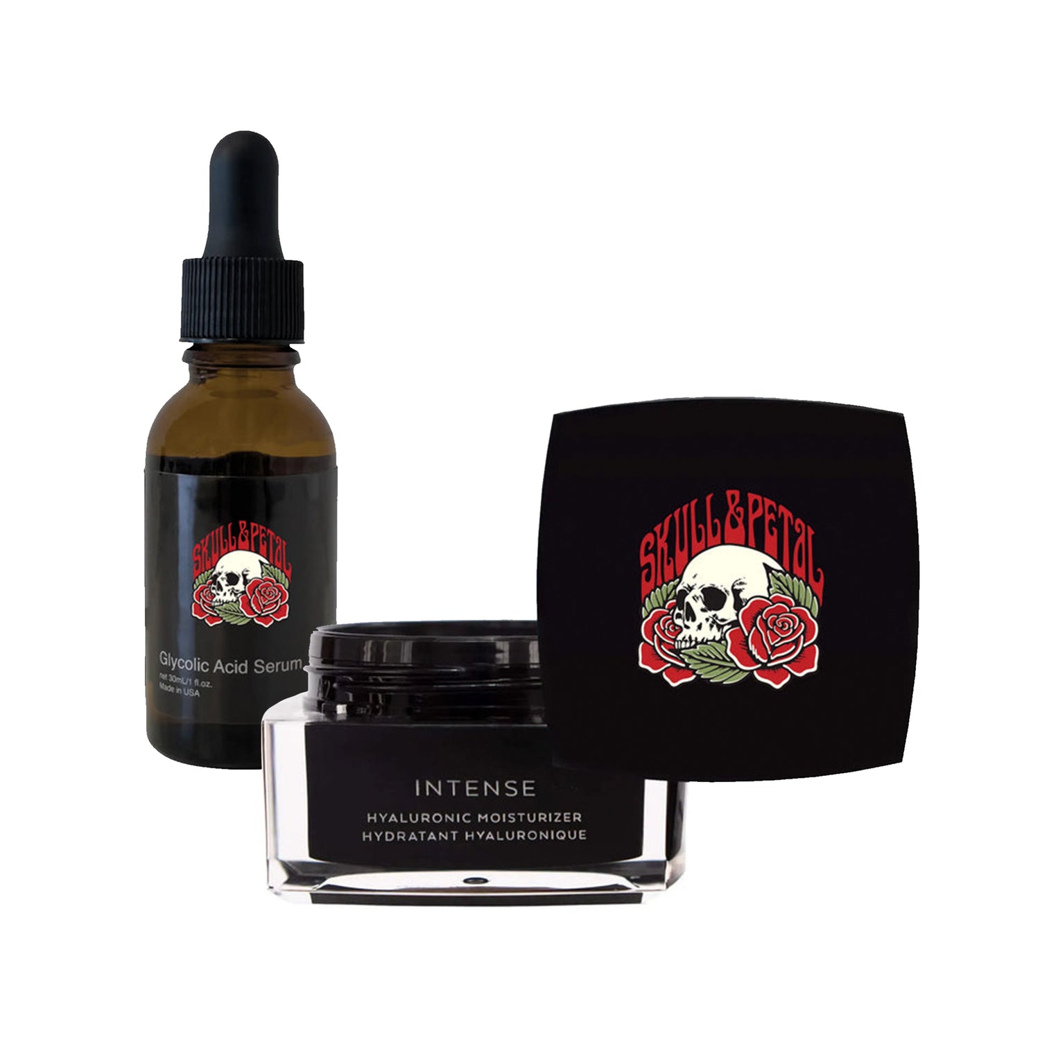 Glycolic acid and moisturizer products on white