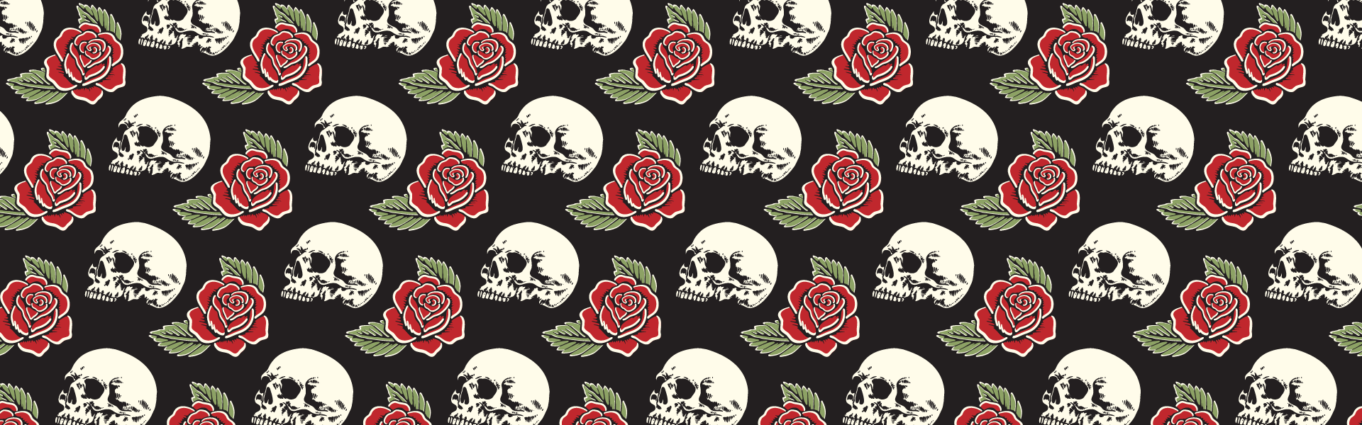 Pattern of Skull & Petal icons on black background